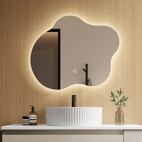 EMKE Organisch LED Badezimmerspiegel 60x50cm Badspiegel mit Antibeschlag 3 Farben des Lichts dimmbar