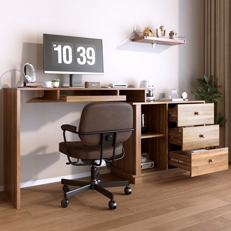 Bureau moderne extensible multifonction, plateau coulissant, support clavier escamotable, étagères ouvertes et meuble avec 3 tiroirs de rangement  parfait pour télétravail ou espace étude à la maison. (1/5)