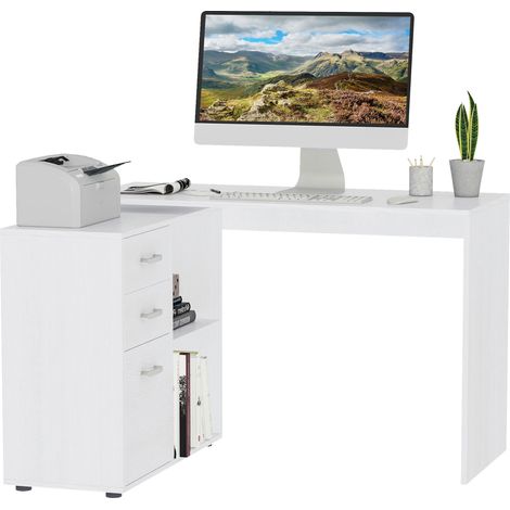 Bureau d'angle bureau droit modulable table de salle à manger 2 en 1 bureau informatique tiroirs x 3 + 2 niches MDF blanc