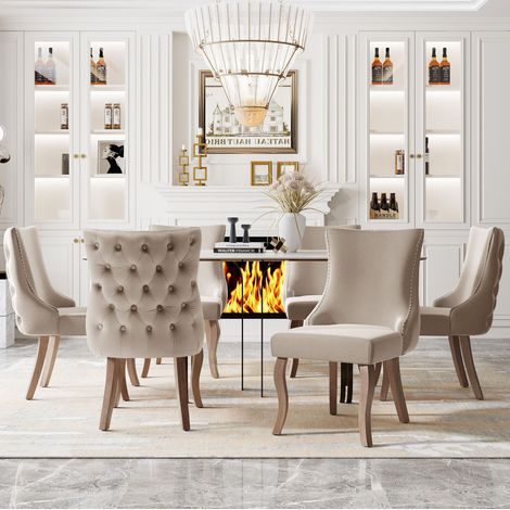 Set di 6 sedie da pranzo in velluto con gambe in legno massello, beige