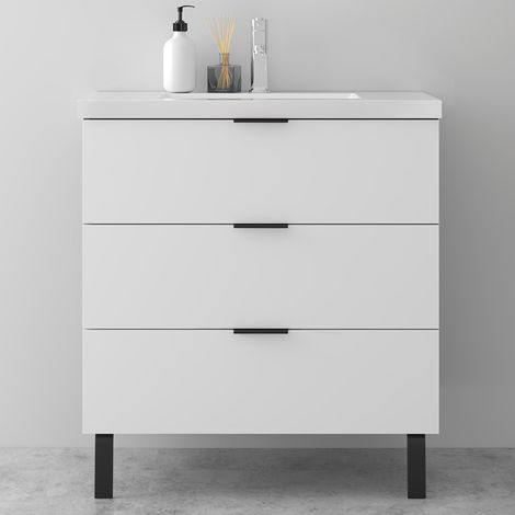 AICA Meuble de Salle de Bain 80cm avec Pieds, simple vasque, 3 tiroirs, Blanc, Style Moderne