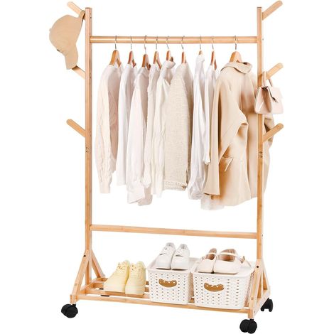 Porte-manteau en bambou avec étagère, porte-manteau ouvert avec étagère, porte-manteau sur roulettes, stable, pour chambre, couloir (M – 100 cm) (1/5)