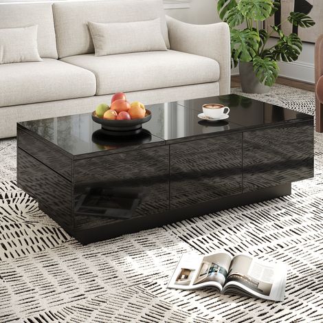 Mesa de centro 100x31x50 cm negra en tablero de partículas con compartimentos deslizantes y 2 cajones (1/5)