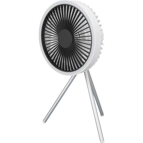 Ventilateur de camping portable blanc avec 3 vitesses réglables, fonction minuterie, rechargeable USB, pied démontable, brasseur d'air extérieur pour tente, randonnée et voyage (1/5)