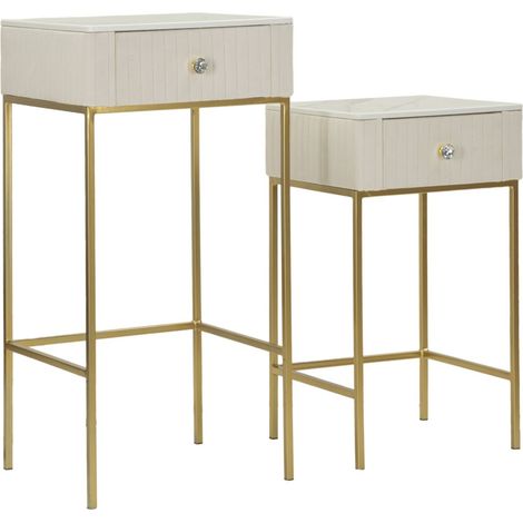 Set 2 tavolini alti Wedding quadrati in crema e oro 45x45x90 e 40x40x70 cm