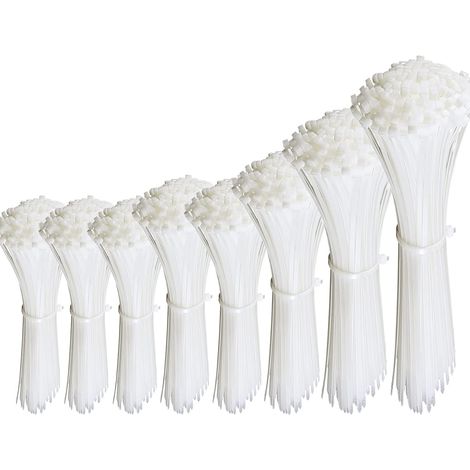 Lot de 750 Pièces Serre Câble Blanc Plastique Lourd Collier de Serrage Nylon Attaches Cable Zip Ties Assortiment 100/150/200/250/300mm de Long, 2,5/3,6/4,8 mm de Large (1/5)