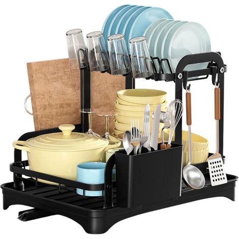 Étagère de rangement tendance à double couche avec égouttoir rotatif et support de baguettes, accessoire de cuisine portable pour économiser de l'espace (1/4)