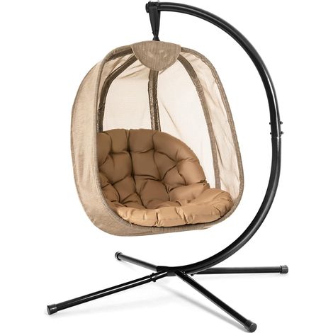 COSTWAY Silla Colgante Huevo con Soporte y Cojín, Estructura Metálica, Columpio Colgante para Interior, Sillon Colgante Interior Exterior,100 x 126 x 173 cm, Carga 110kg (1/5)