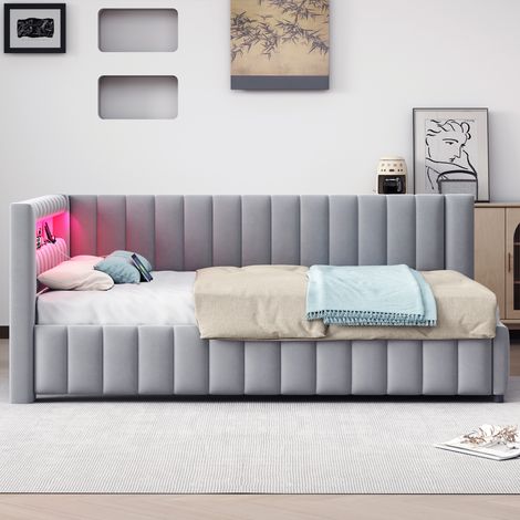 Lit canapé-lit capitonné 140x200 cm velours gris avec LED, USB, dossier & tête de lit – sommier robuste pour salon chambre (1/4)