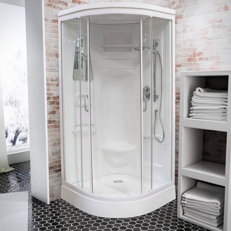 Schulte – Cabine de douche intégrale 90 x 90 x 218 cm arrondie – Verre de sécurité 4 mm – Douchette à main avec jets – Panneaux muraux en plastique blanc