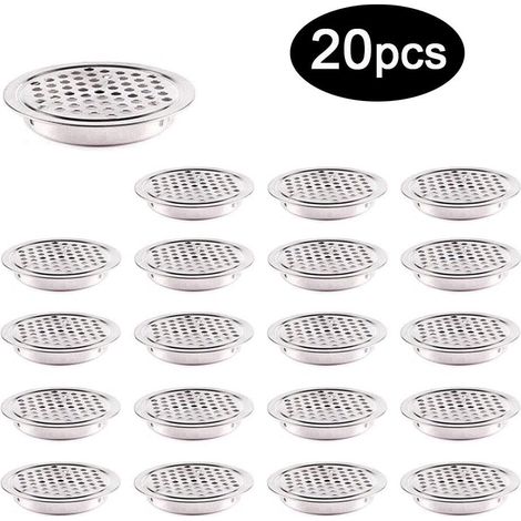 20 rejillas de ventilación redondas de acero inoxidable de 53 mm, redondas y plateadas, con orificio de ventilación, para armarios, zapateros y estanterías. (1/5)