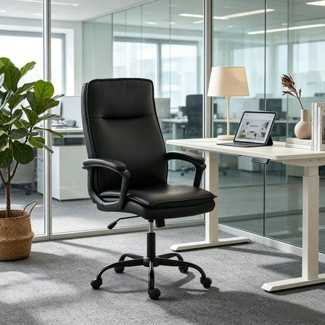 Chaise de bureau ergonomique noire en PU à dossier haut et hauteur réglable (1/5)