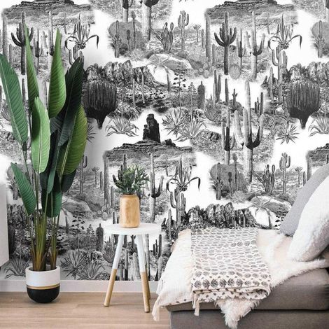 Carta da parati adesiva moderna bianco nero per soggiorno Cactus (1/5)