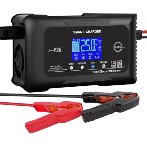Chargeur de batterie de voiture 25a, chargeur de batterie de voiture 12 V / 24 V, chargeur de filet et désulfurateur pour voiture, moto, tondeuse à gazon, bateau, lithium, LiFePO4 et plomb - acide (AG
