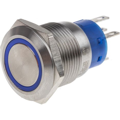 Bouton-poussoir, Momentané lumineux, LED Bleu, Unipolaire à deux directions (1RT), 5 A, Argent, Montage panneau 24V ( Prix pour 1 ) (1/2)
