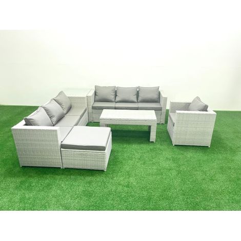Fimous Meubles d'extérieur en rotin avec Table basse oblongue Fauteuil Grand tabouret Table d'appoint Gris clair mixte (1/5)