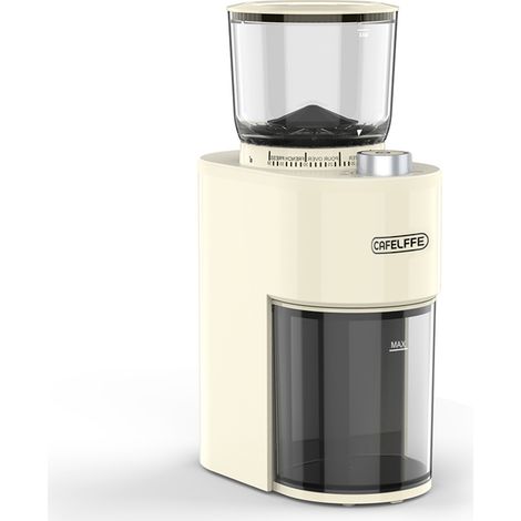 Elektrische Kaffeemühle mit 38 Mahlgradeinstellungen, 7-stufigem Timer, 420er Kegelmahlwerk mit 6 Edelstahlklingen, 450 U/min Drehzahl, 150 g Fassungsvermögen, beige Farbe, rutschfester Standfuß und e (1/5)