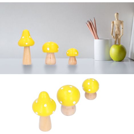 3 Pièces Décorations de Bureau Champignons Mignons en Bois pour Maison et Bureau - Jaune