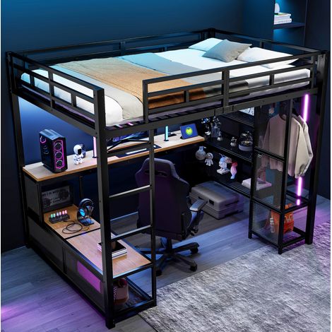 Hochbett 140x200 cm aus Metall und MDF mit Schreibtisch, Stauraum, LED, schwarz HAVRYA (1/5)