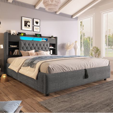 Letto imbottito 140x190 cm con contenitore idraulico, LED, porte USB e USB-C, grigio (1/5)