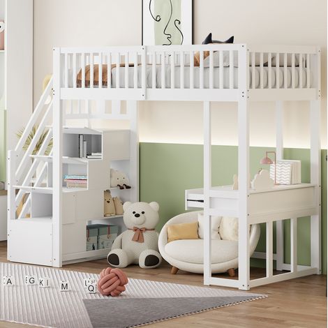 DESVIAE Lit mezzanine 90 x 200 avec bureau multifonction escalier de rangement sécurisé pin massif blanc (1/5)