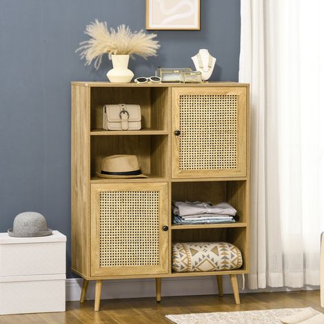 Buffet-Aufbewahrungsschrank, hoher Schrank mit Holz- und Rattan-Finish, 2 Türen – Maße: 90 x 32,5 x 120 cm (L x B x H)