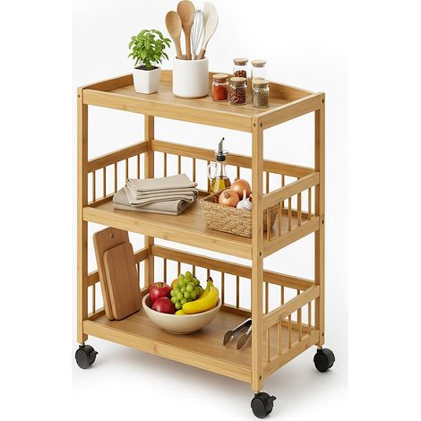 Carro de cocina Relaxdays, bambú, 3 estantes, para especias y alimentos, 80 x 53 x 30 cm, carro estrecho, natural