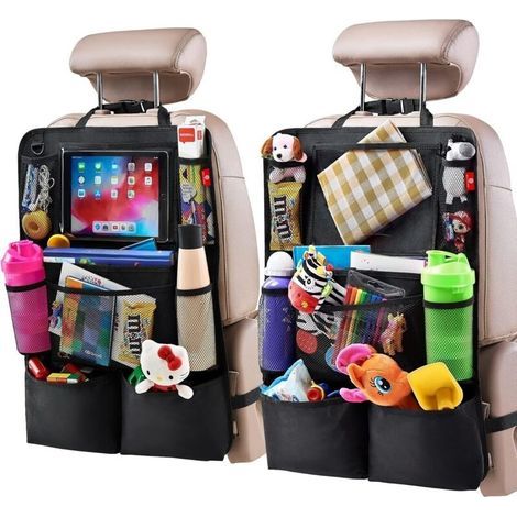 Organizador para el asiento trasero del coche, alfombrilla protectora con soporte para tablet con pantalla táctil, accesorios de viaje con 9 bolsillos de almacenamiento (paquete de 2), negro, 4161 cm (1/5)
