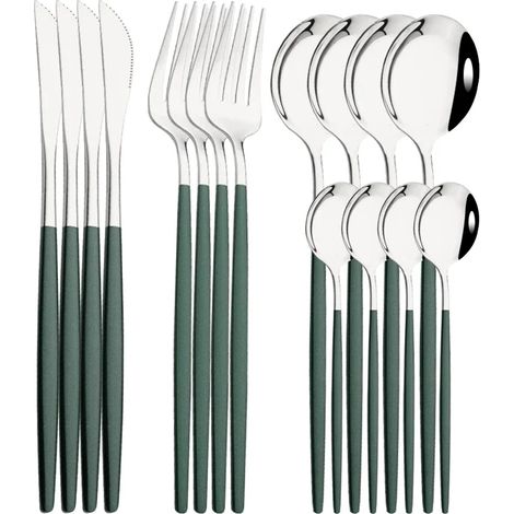 (Ensemble de couverts en acier inoxydable vert et argent, 16 pièces, comprenant couteau, fourchette et cuillère à café, pour un usage domestique)