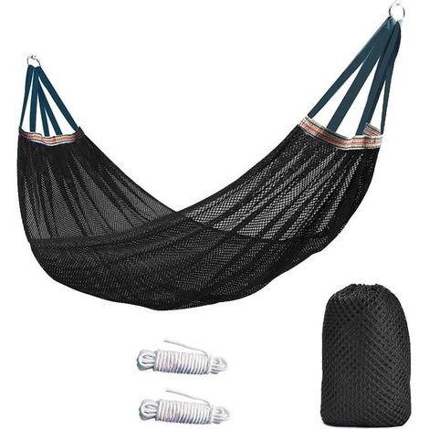Hamaca, Hamaca para acampar, 260x130cm, Con cuerda, Cómoda y transpirable, hacer senderismo, ir a la playa y relajarse en el jardín, Negra (1/5)