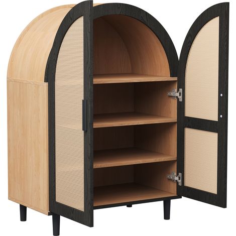 Sideboard élégant avec porte en rotin, 3 étagères, pieds métalliques, 70x40x100 cm, noir et bois (1/5)