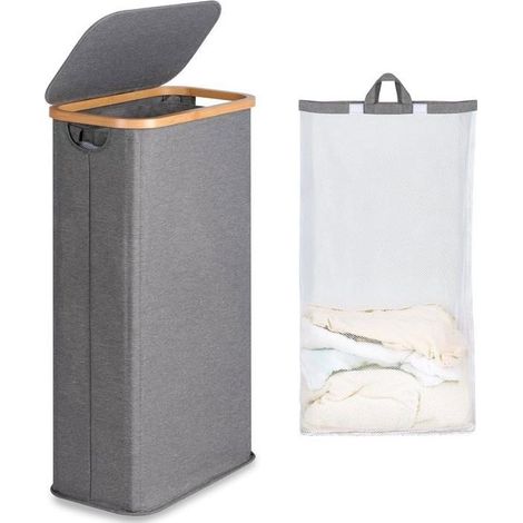 panier linge étroit 63L avec couvercle. Structure bambou, sac amovible. Design mince pour espaces réduits.Girs. (1/5)