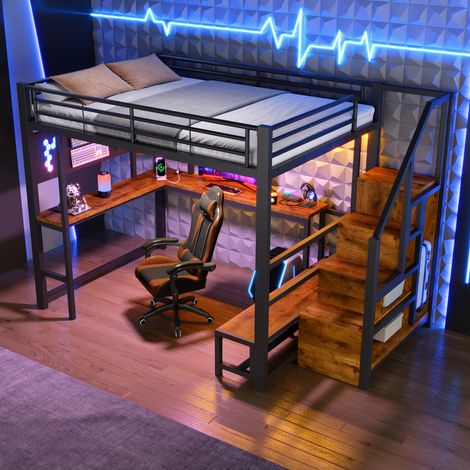 Cama alta, 140 x 200 cm, mesa, puertos USB y USB-C, panel perforado, estantes, armario con escalera, iluminación LED, colchón no incluido, color negro. (1/5)