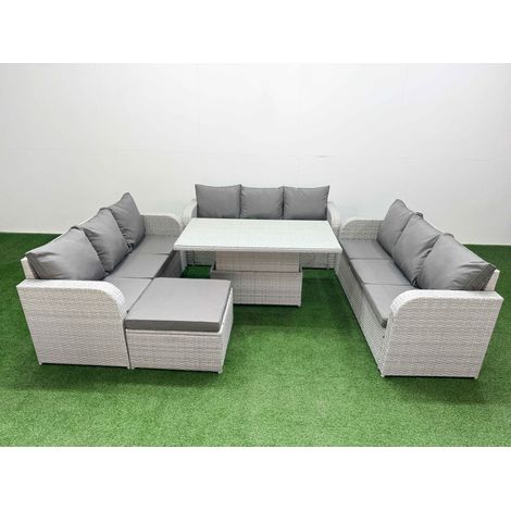 Fimous PE Rattan Lounge Sofa Set 10 Seater Outdoor Garden Furniture Set with Adjustable Lifting Dining or Coffee Table 3 Seater Sofa Big Footstool Light Grey (1/5)