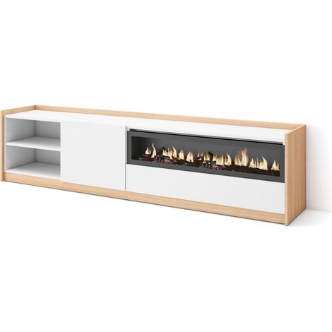 Skraut Home - Mobile TV Soggiorno, 207x37x50cm, Per TV fino a 80", Camino elettrico, Bianco e Rovere soft (1/5)