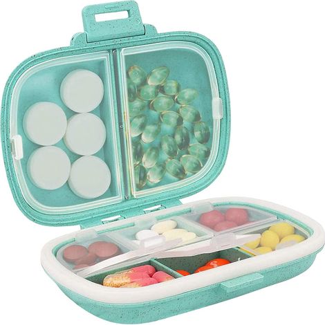 Pilulier de voyage à 8 compartiments, résistant à l'humidité, petit pilulier de poche ou de sac à main, étui à pilules journalier, contenant portable pour médicaments et vitamines (bleu) (1/5)