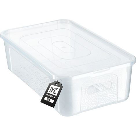 Contenedor de plástico, capacidad de 5 litros, diseño rectangular, tapa con cierre a presión, ideal para organizar diversos artículos, disponible en transparente o negro. (1/5)