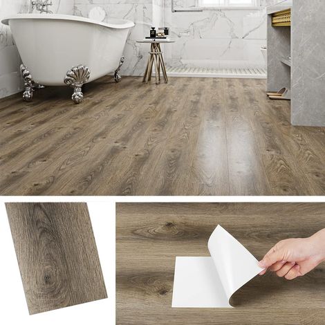 Dalle PVC Adhesive Sol Bois Chêne Rustique Lino Sol Adhesif Bois Marron Imperméable Sols PVC Imitation Parquet Adhesif Sols Salle de Bain Cuisine Lame Adhesive Murale 90x15cm, 4 Dalles (1/5)
