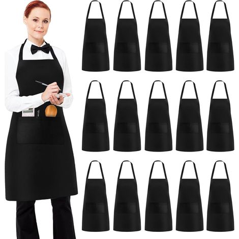 Ensemble de 15 tabliers de cuisine, tablier de chef unisexe noir, tablier de pâtisserie ajustable avec 2 poches, tablier vierge à enfiler pour enfants, idéal pour la cuisine (1/5)