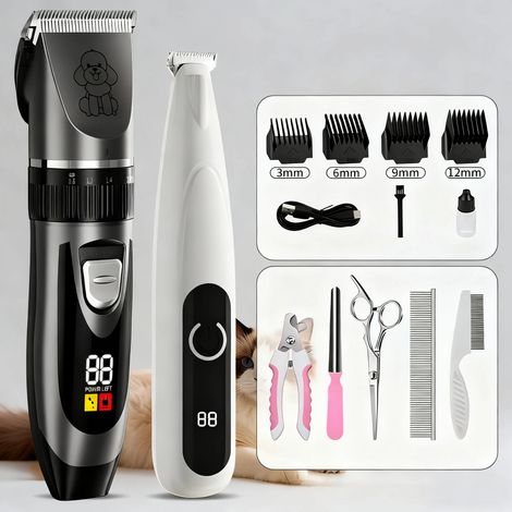 Hundeschneidemaschine, 2-teiliges Set Hund Katze Haustier Schermaschine Professionell Elektrisch Leise Wasserdicht IPX7 Wiederaufladbar LCD-Anzeige
