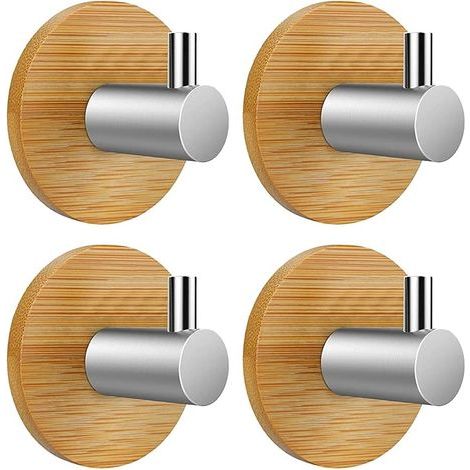 CCYKXAA 4 Pieces Bamboo and Stainless Steel Round Adhesive Hook Wall Hook Self Adhesive Bathroom Hook (1/4)