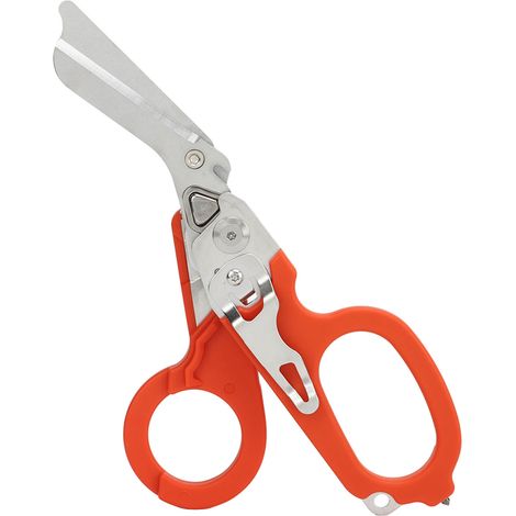 Ciseaux d'urgence pliables et multifonctionnels en acier inoxydable, outil de secours idéal pour le camping et les activités de plein air (orange). (1/5)