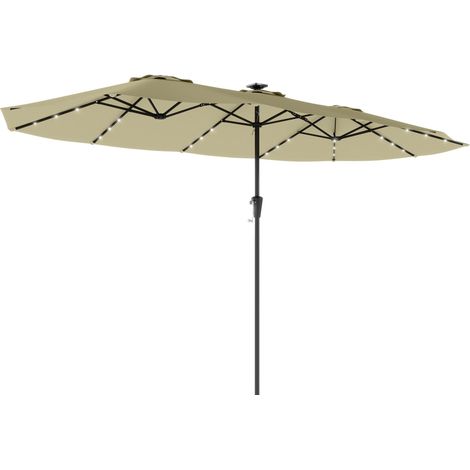 Parasol de Jardin Double 36 LED Solaires Rectangulaire UPF 50+ Structure à 12 Baleines avec Manivelle 395x215cm Beige (1/5)