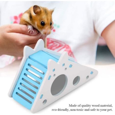 Maison Jouet Hamster - Repaire en Bois - Nid pour Petit Animal - Couleur Bleu - Dimensions 18,3x7x6 cm (1/4)