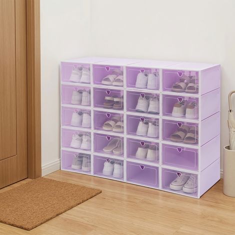 YISSALE-20 Cartons de chaussures empilables et pliables en plastique, tiroirs, boîtes de rangement DIY, grands cartons pour chaussures, modèle violet avec cœur. (1/5)