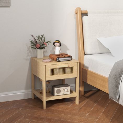 Nachttisch 40x40x48.4 cm Naturholz in Holz mit Rattanfront, Schublade und offener Ablage (1/5)
