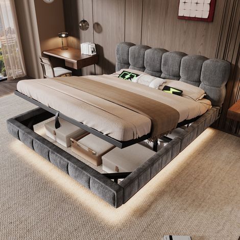 140x190 cm avec Sommier Lit Coffre Double pour Chambre Adulte Grand Rangement Hydraulique Ports USB et LED Gris (1/5)
