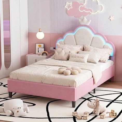 VASIEN – Lit princesse 90x200 – Lit fille 90 x 200 cm avec sommier– Tête de lit avec LED réglables – Velours rose – Hauteur réglable pour matelas 21/26 cm (1/5)