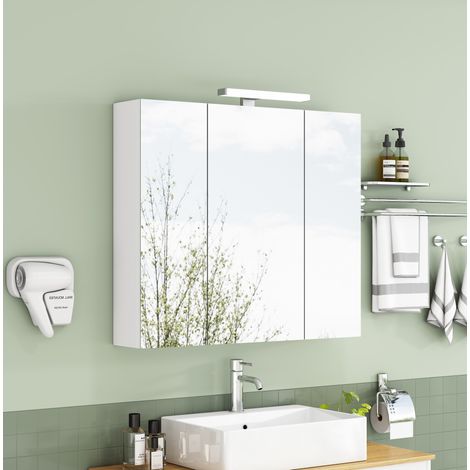 Armoire de salle de bains suspendue 80 cm blanche, 3 portes miroir, LED et prise française OKWISH (1/5)