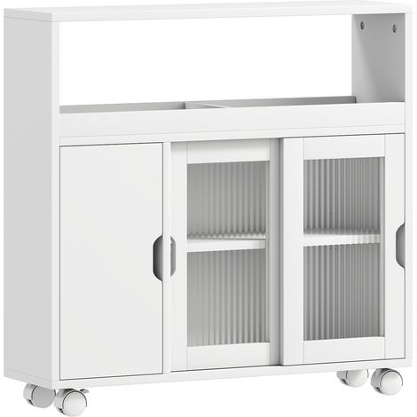 Mobile Bagno 71x20x70 cm a Rotelle con Spazio Aperto Ripiani Regolabili e Ante in Vetro in Legno Bianco (1/5)